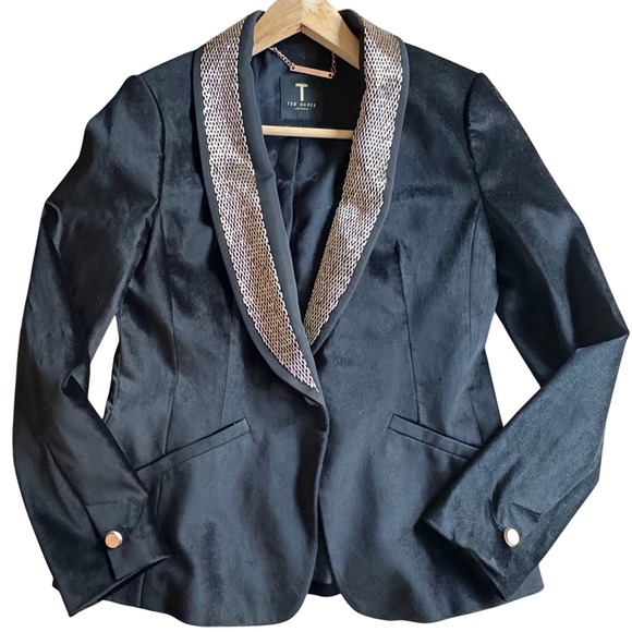 Ted Baker Jackets & Blazers - $395 TED BAKER London Kairaa Blk Velvet Suit Jacket Chain‎ Collar Blazer US2/UK6